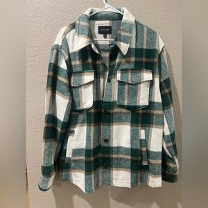 Love Tree Plaid Shirt/Shacket in Green and Tan.